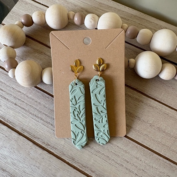 Handmade Sage Green Leaf Embossed Earrings - Gold Leaf Studs Boho Chic Jewelry - Picture 6 of 8